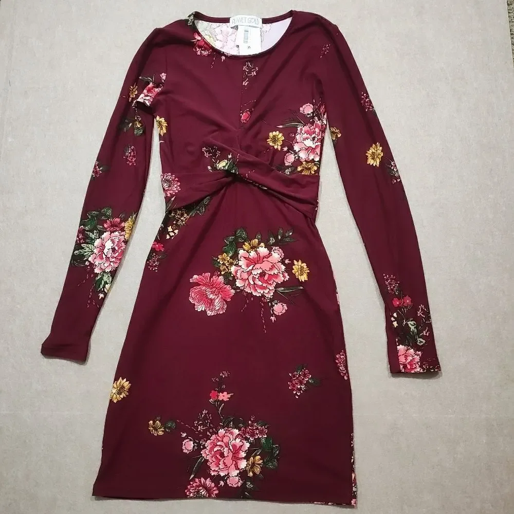 Planet Gold Bodycon Zinfandel Floral Long Sleeve Dress Medium#3